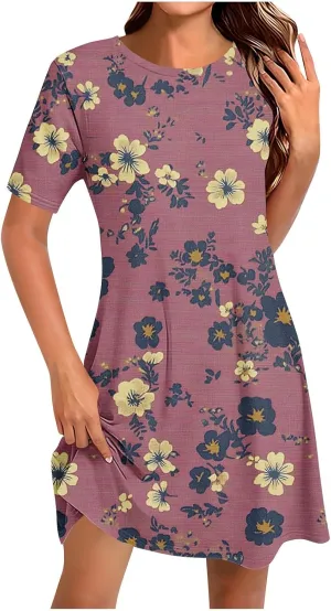 Summer Dresses for Women 2025 Vacation Plus Size Floral Printed Short Sleeve Dress Comfy Casual Crewneck Mini Dress