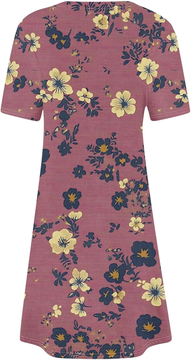 Summer Dresses for Women 2025 Vacation Plus Size Floral Printed Short Sleeve Dress Comfy Casual Crewneck Mini Dress
