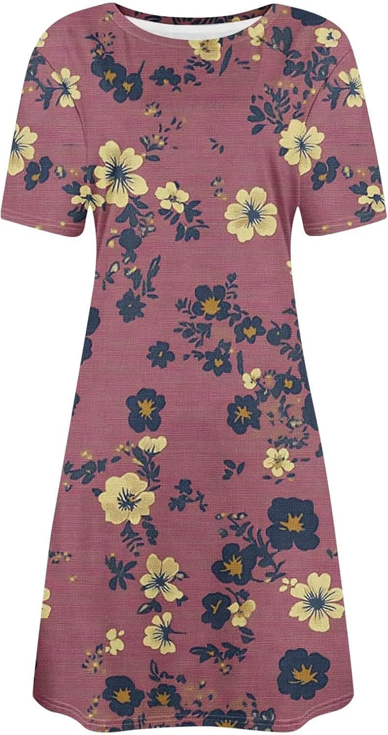 Summer Dresses for Women 2025 Vacation Plus Size Floral Printed Short Sleeve Dress Comfy Casual Crewneck Mini Dress