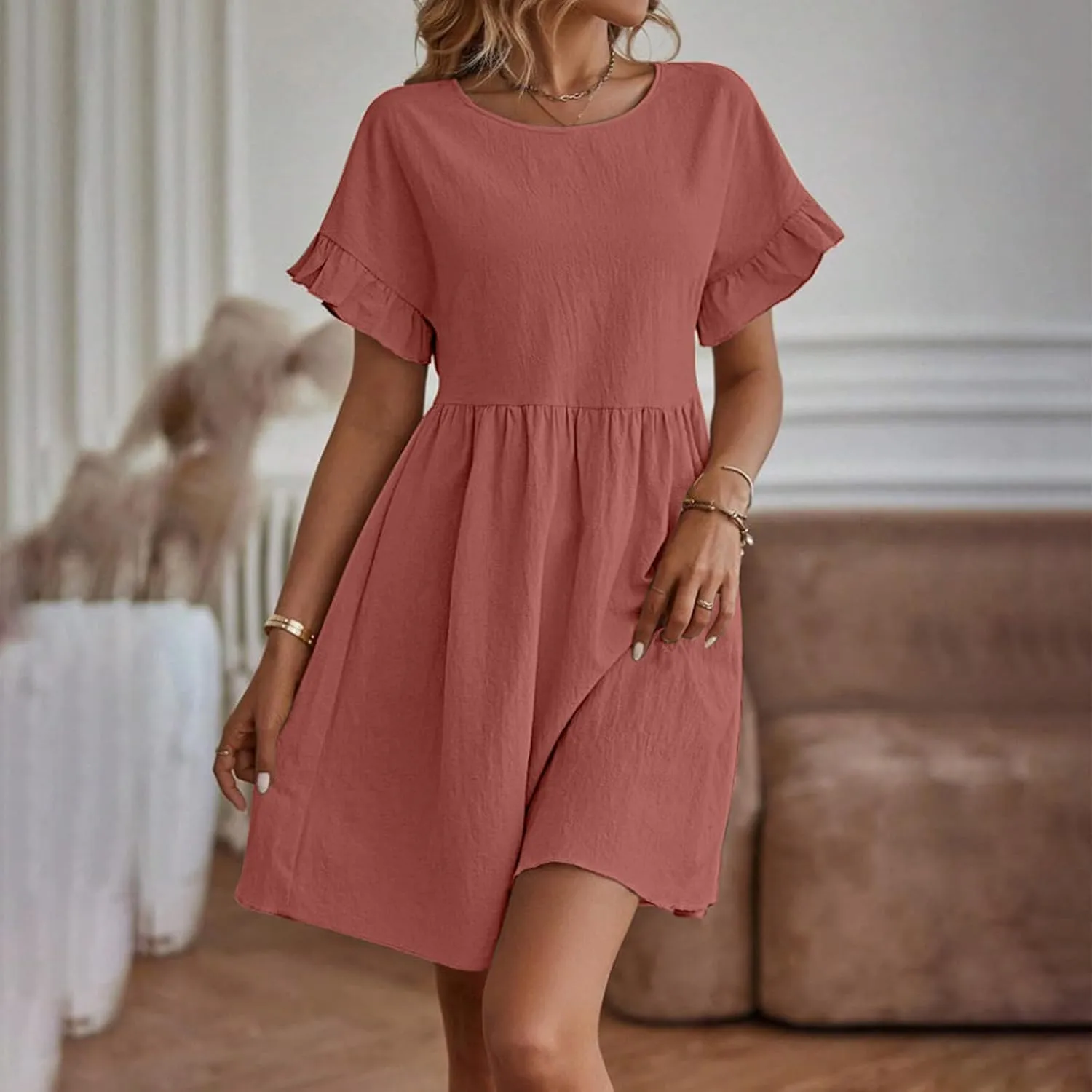 Summer Dresses for Women 2025 Vacation Short Sleeve Dress Casual Pleated Dress Crewneck Midi Dress Solid Color Dress