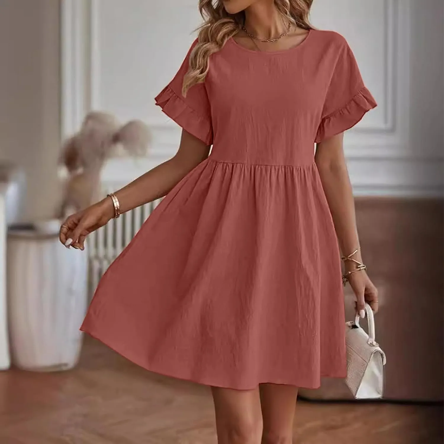 Summer Dresses for Women 2025 Vacation Short Sleeve Dress Casual Pleated Dress Crewneck Midi Dress Solid Color Dress
