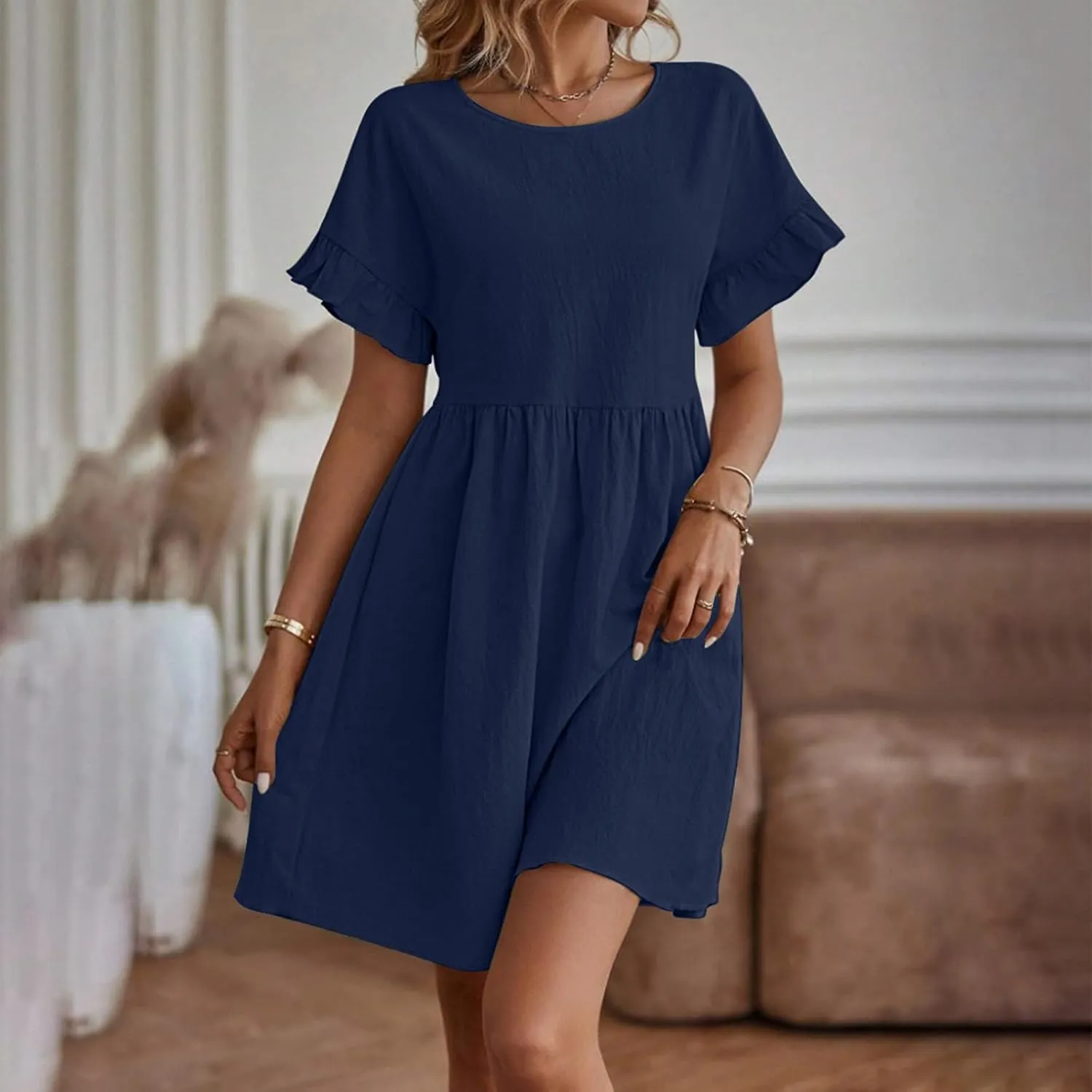 Summer Dresses for Women 2025 Vacation Short Sleeve Dress Casual Pleated Dress Crewneck Midi Dress Solid Color Dress