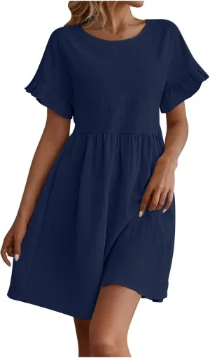 Summer Dresses for Women 2025 Vacation Short Sleeve Dress Casual Pleated Dress Crewneck Midi Dress Solid Color Dress