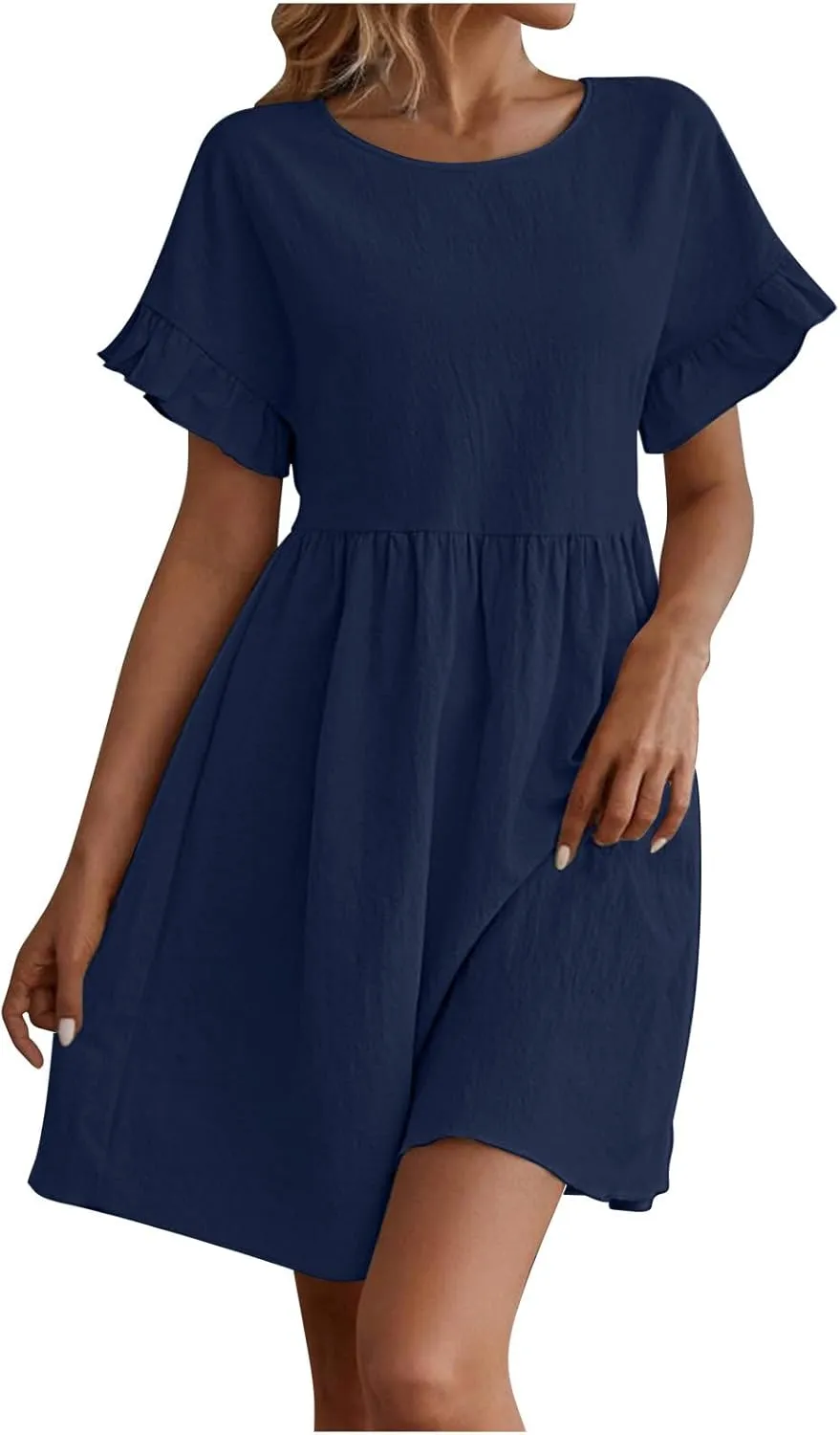 Summer Dresses for Women 2025 Vacation Short Sleeve Dress Casual Pleated Dress Crewneck Midi Dress Solid Color Dress