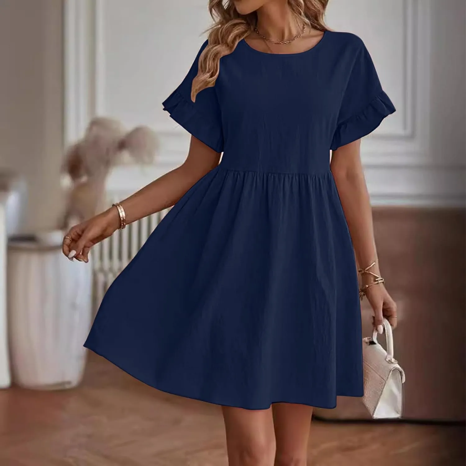 Summer Dresses for Women 2025 Vacation Short Sleeve Dress Casual Pleated Dress Crewneck Midi Dress Solid Color Dress