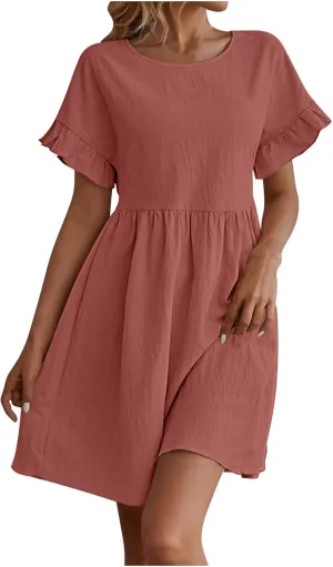 Summer Dresses for Women 2025 Vacation Short Sleeve Dress Casual Pleated Dress Crewneck Midi Dress Solid Color Dress