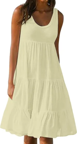 Summer Dresses for Women 2025 Vacation Sleeveless Crewneck Mini Tank Dress Tiered Ruffle Flowy Beach Sundresses