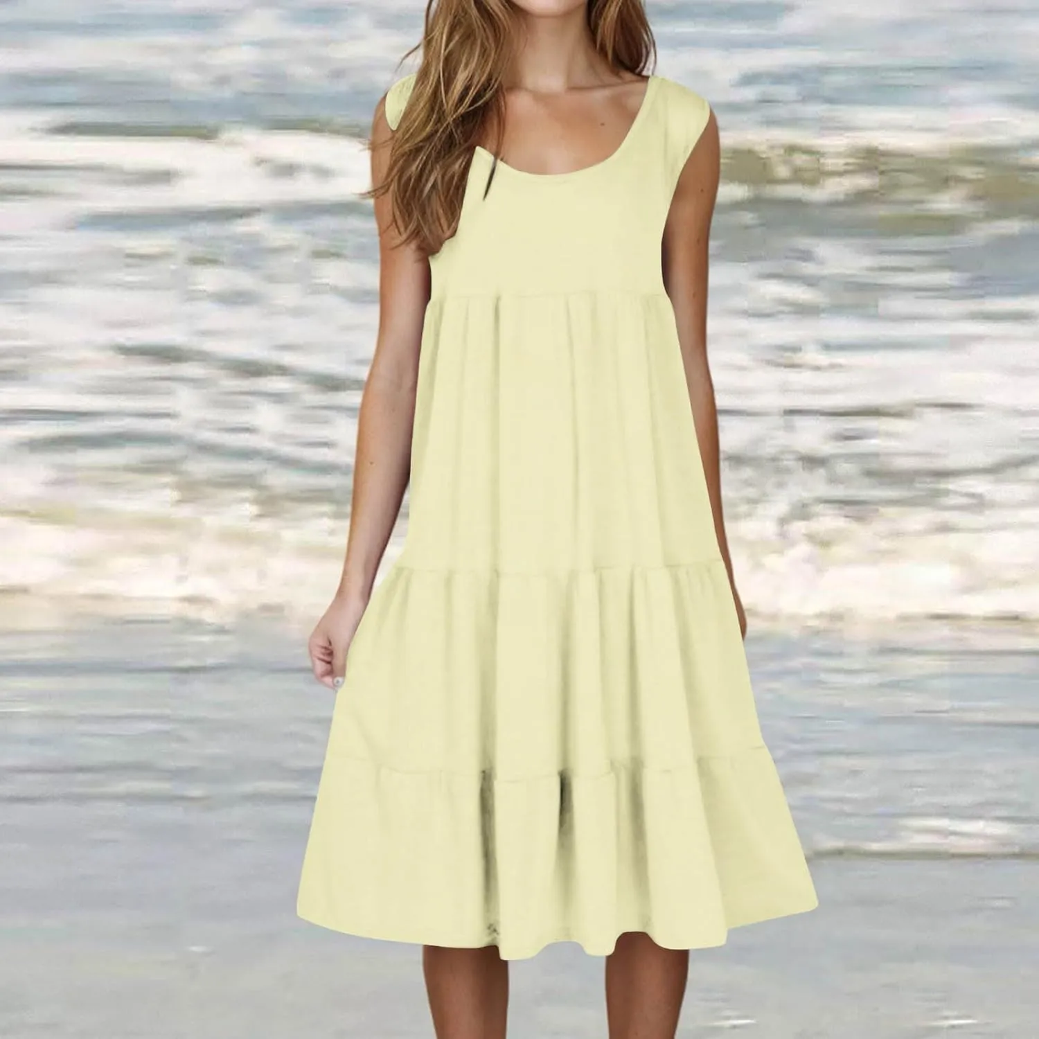 Summer Dresses for Women 2025 Vacation Sleeveless Crewneck Mini Tank Dress Tiered Ruffle Flowy Beach Sundresses