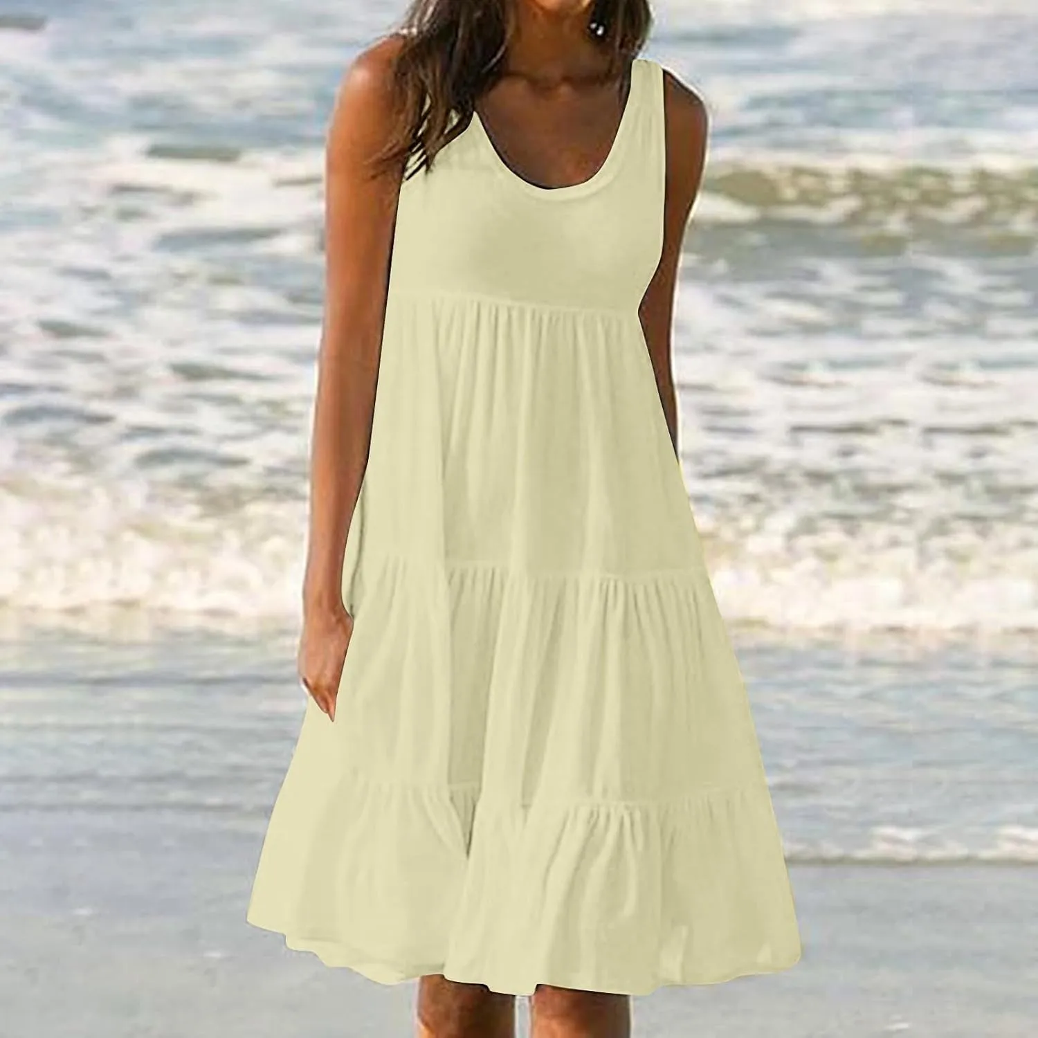 Summer Dresses for Women 2025 Vacation Sleeveless Crewneck Mini Tank Dress Tiered Ruffle Flowy Beach Sundresses