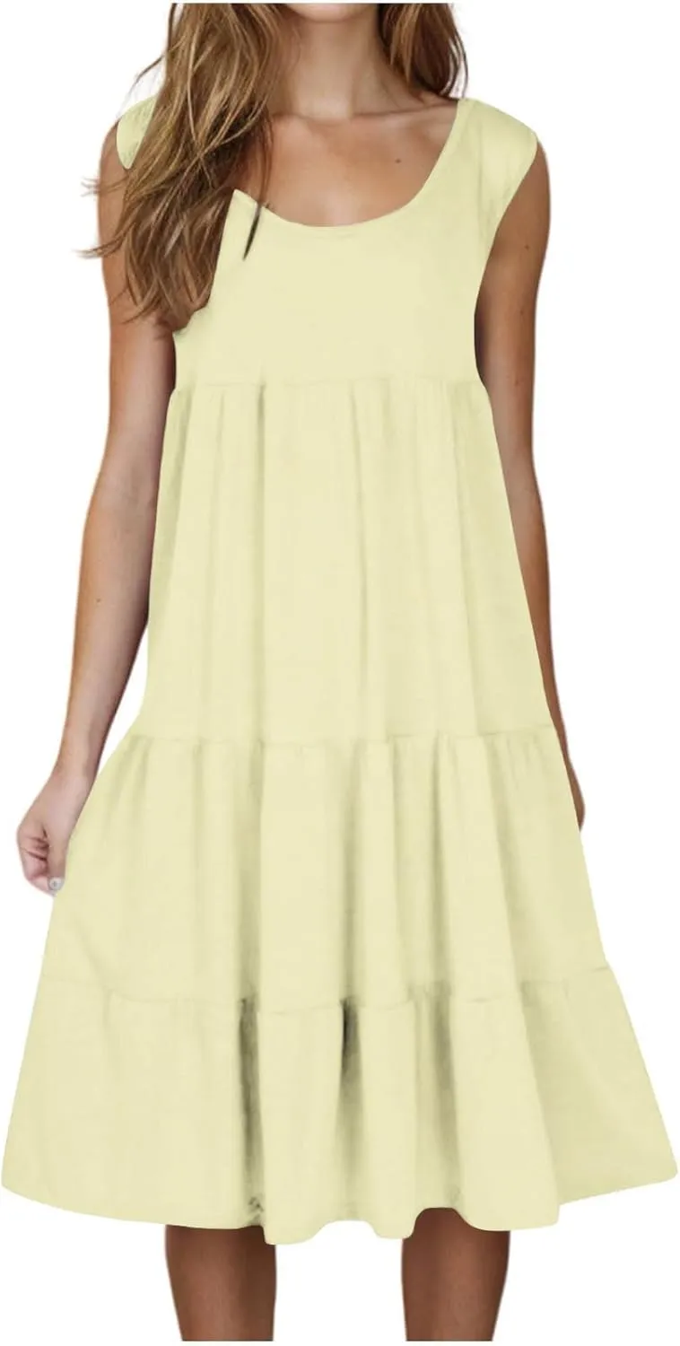 Summer Dresses for Women 2025 Vacation Sleeveless Crewneck Mini Tank Dress Tiered Ruffle Flowy Beach Sundresses