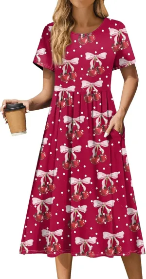 Summer Dresses for Women Casual Bodycon Dress Hawaiian Loose Short Sleeve Crewneck Beach Boho Vacation Midi Sundresse