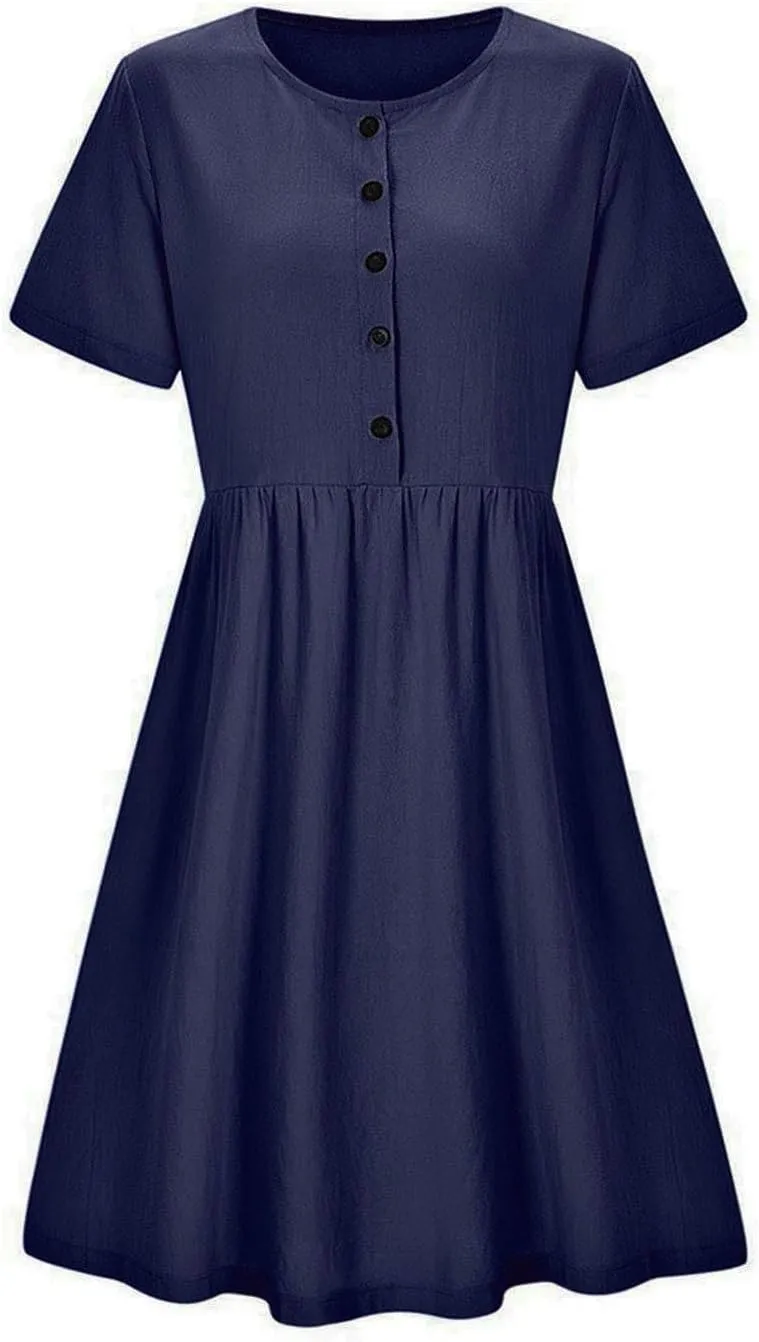 Summer Dresses for Women Casual Cotton Linen Dress Sundress Henley Flowy Vacation Beach Midi Dress