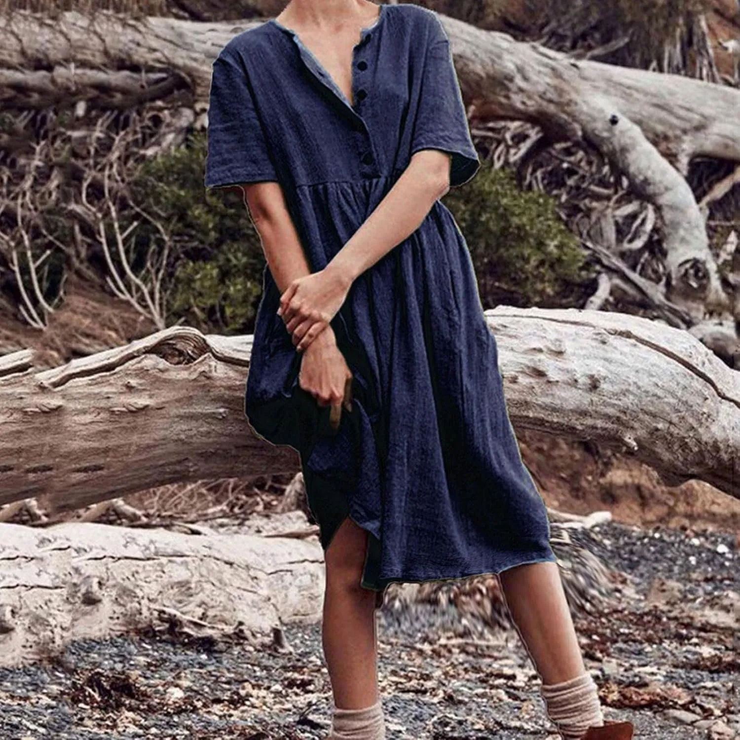 Summer Dresses for Women Casual Cotton Linen Dress Sundress Henley Flowy Vacation Beach Midi Dress