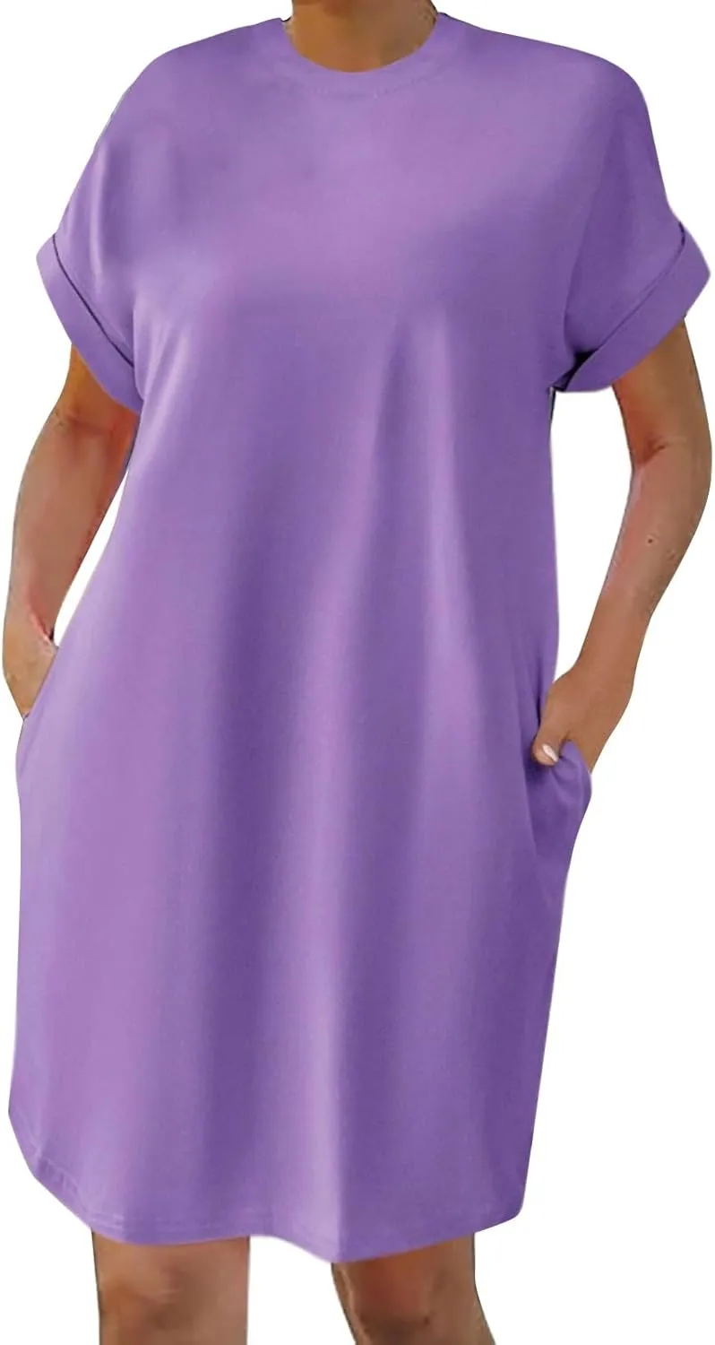 Summer Dresses for Women Casual Short Sleeve T Shirt Beach Sundress Nightgown Crew Neck Loose Fit Dress with Pockets