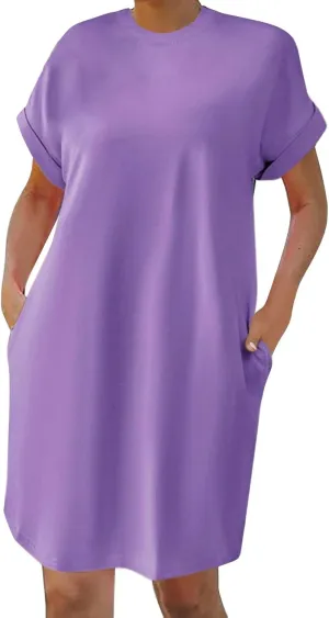 Summer Dresses for Women Casual Short Sleeve T Shirt Beach Sundress Nightgown Crew Neck Loose Fit Dress with Pockets