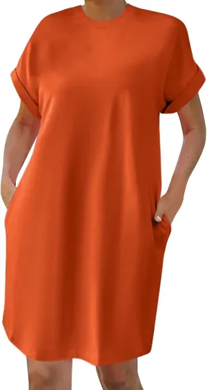 Summer Dresses for Women Casual Short Sleeve T Shirt Beach Sundress Nightgown Crew Neck Loose Fit Dress with Pockets