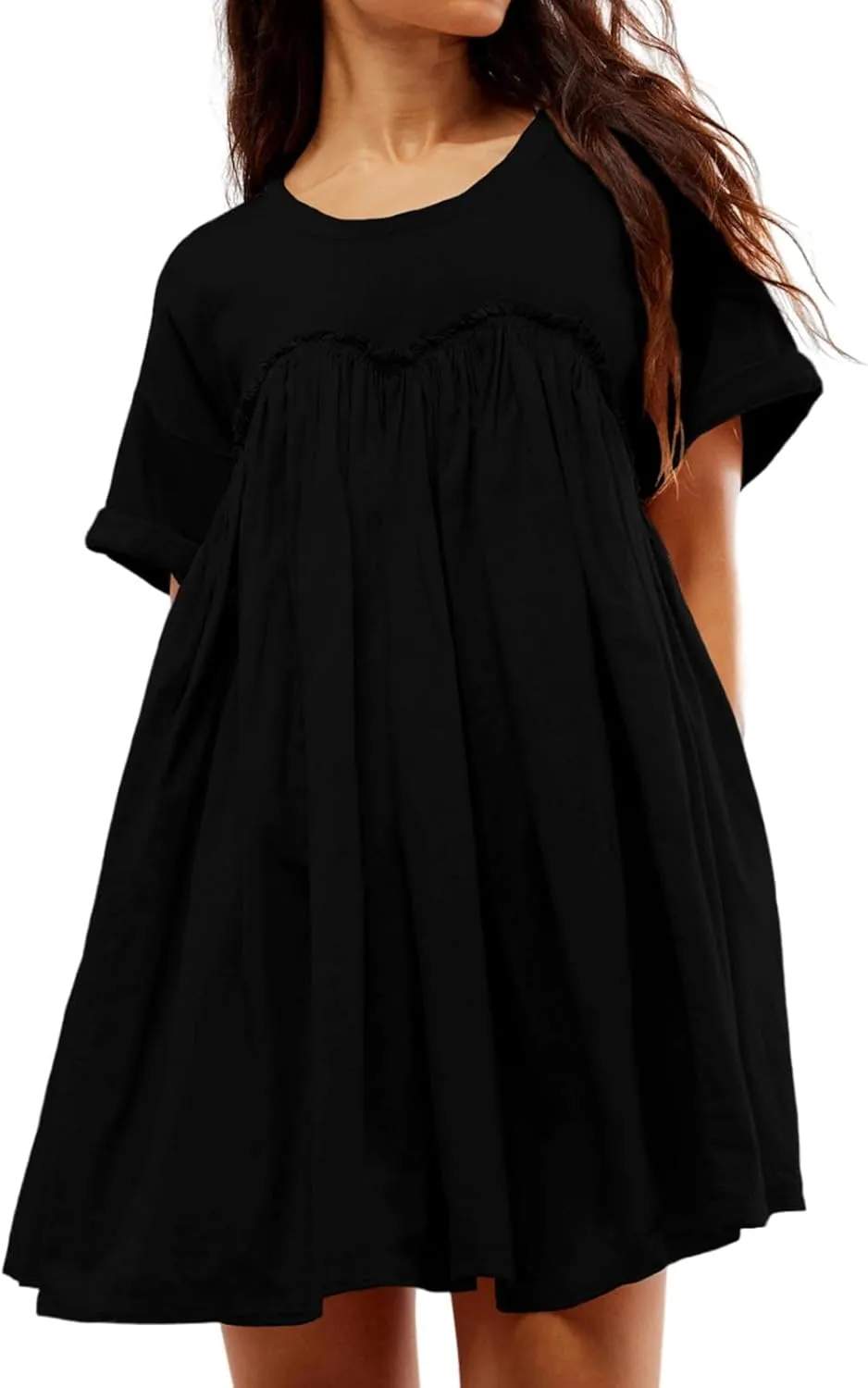 Summer Dresses for Women Short Sleeve Patchwork Crewneck Mini Dress Casual Colorblock Pleated Dresses with Pockets