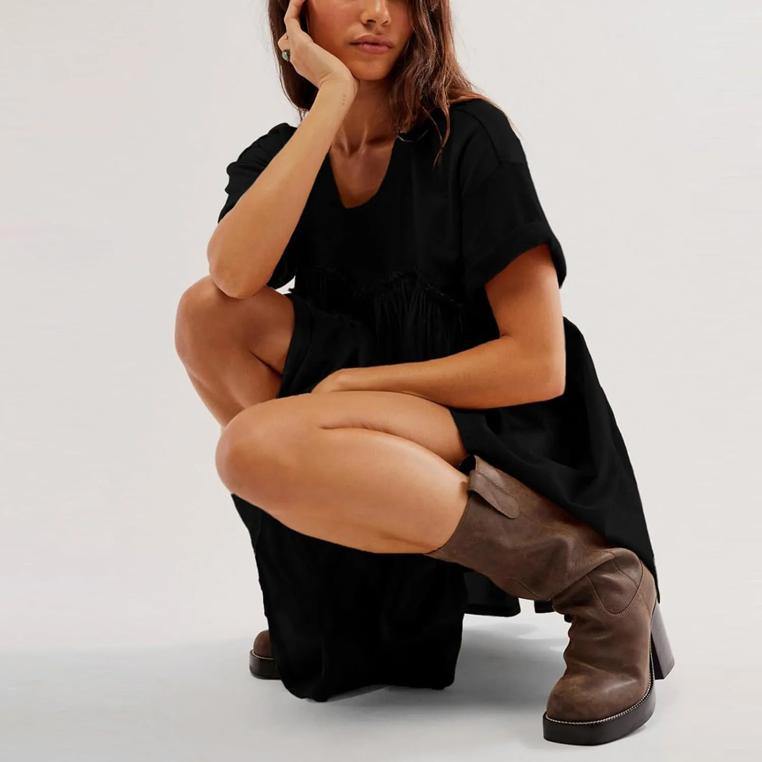 Summer Dresses for Women Short Sleeve Patchwork Crewneck Mini Dress Casual Colorblock Pleated Dresses with Pockets