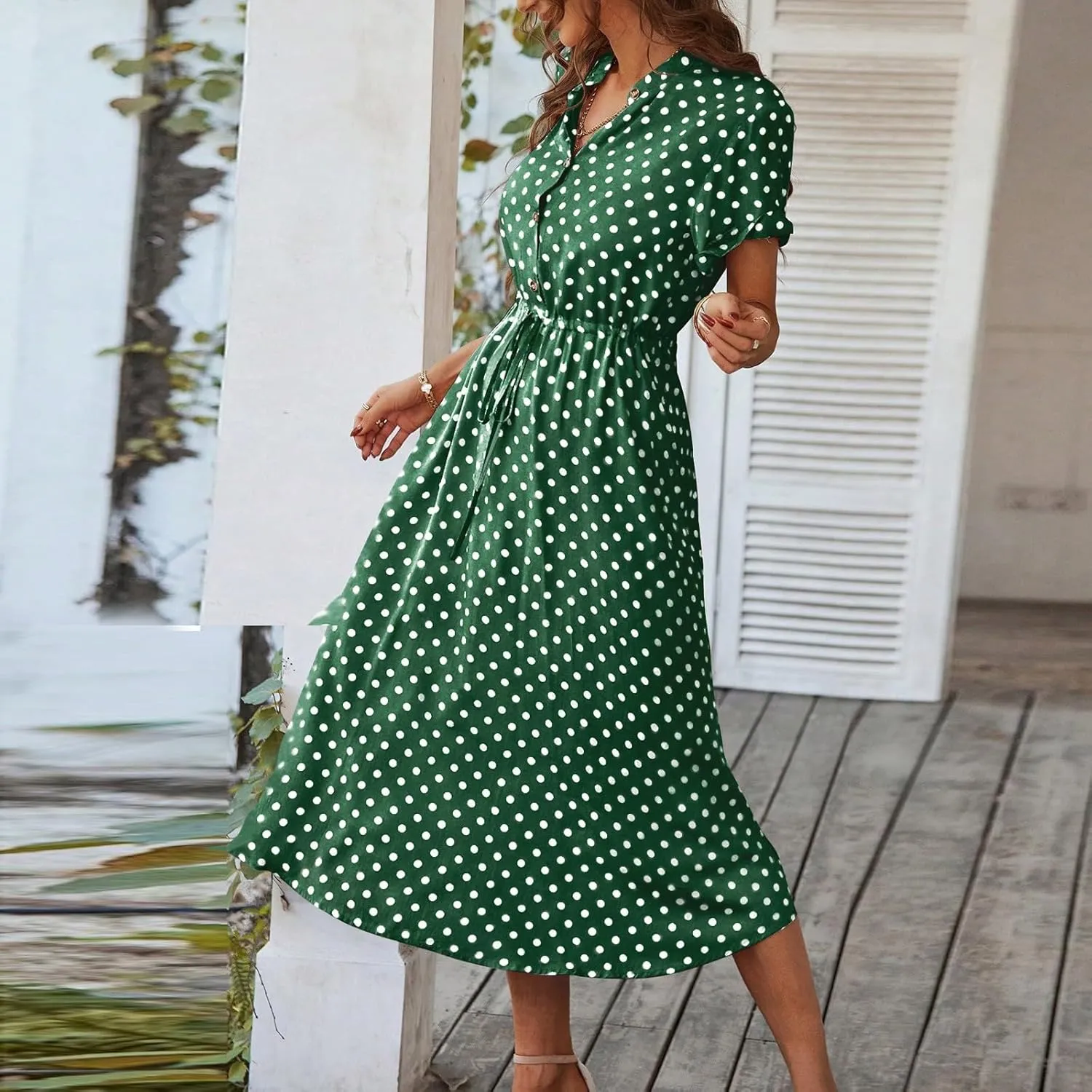 Summer Dresses for Women Trendy Short Sleeve Ruched Tie Waist Dress V Neck Polka Dot Button Down Boho Midi Sundress