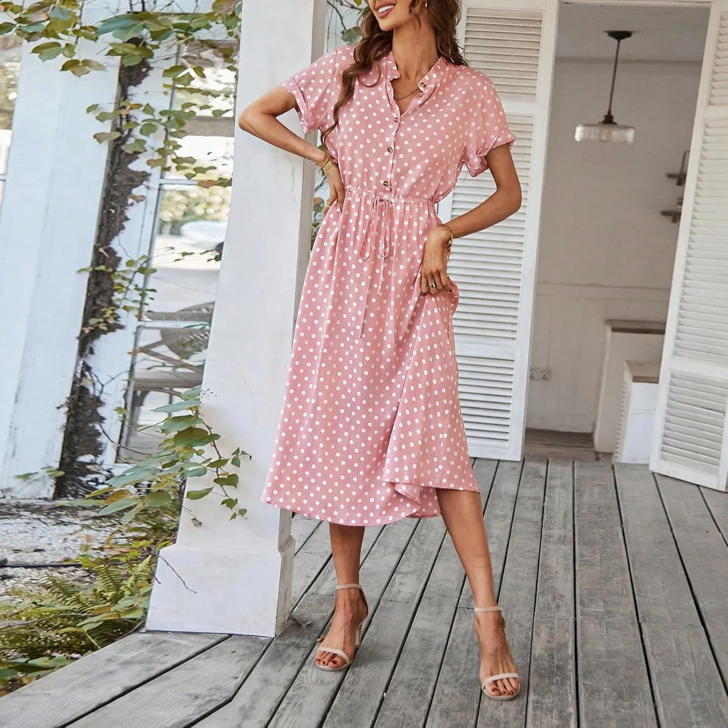 Summer Dresses for Women Trendy Short Sleeve Ruched Tie Waist Dress V Neck Polka Dot Button Down Boho Midi Sundress