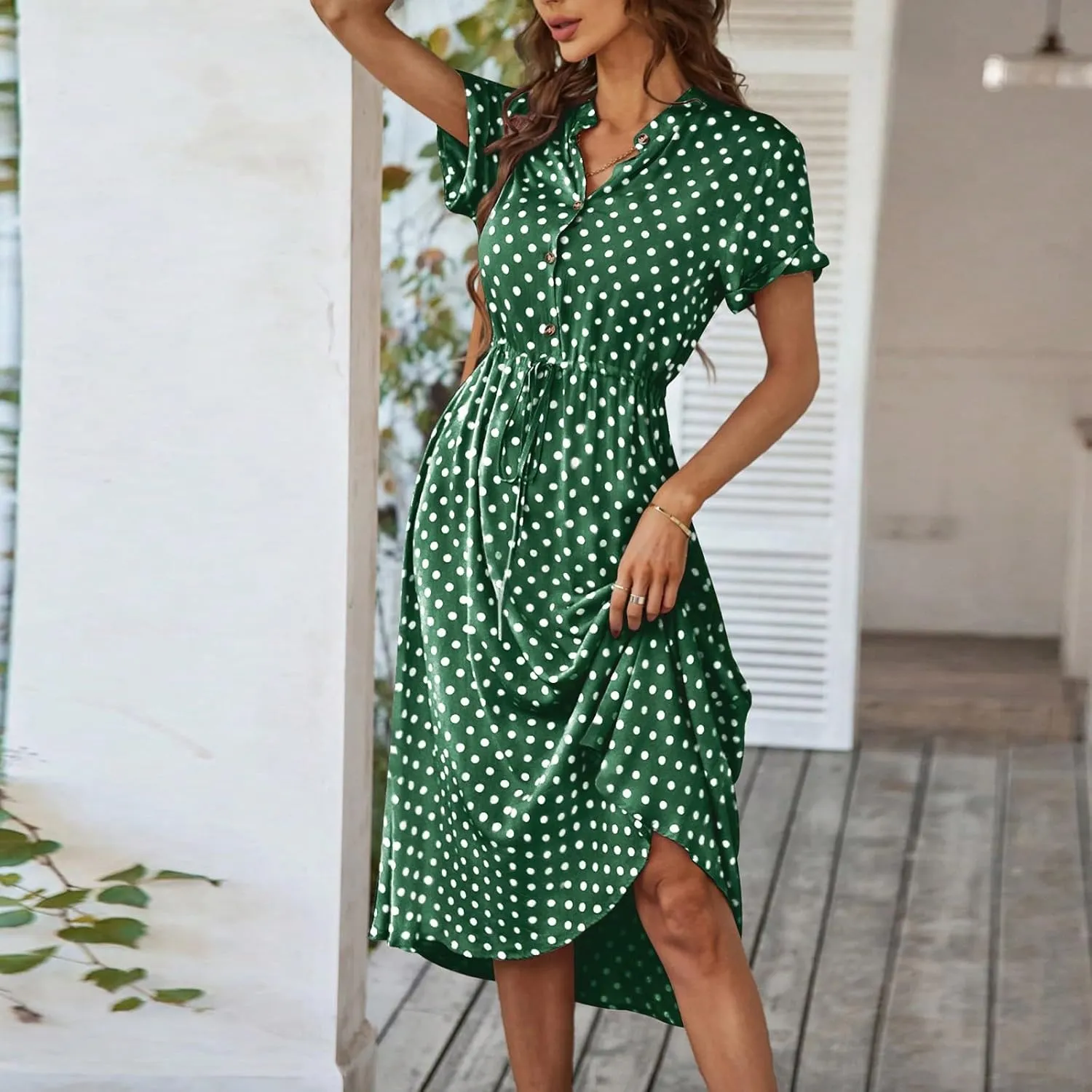 Summer Dresses for Women Trendy Short Sleeve Ruched Tie Waist Dress V Neck Polka Dot Button Down Boho Midi Sundress