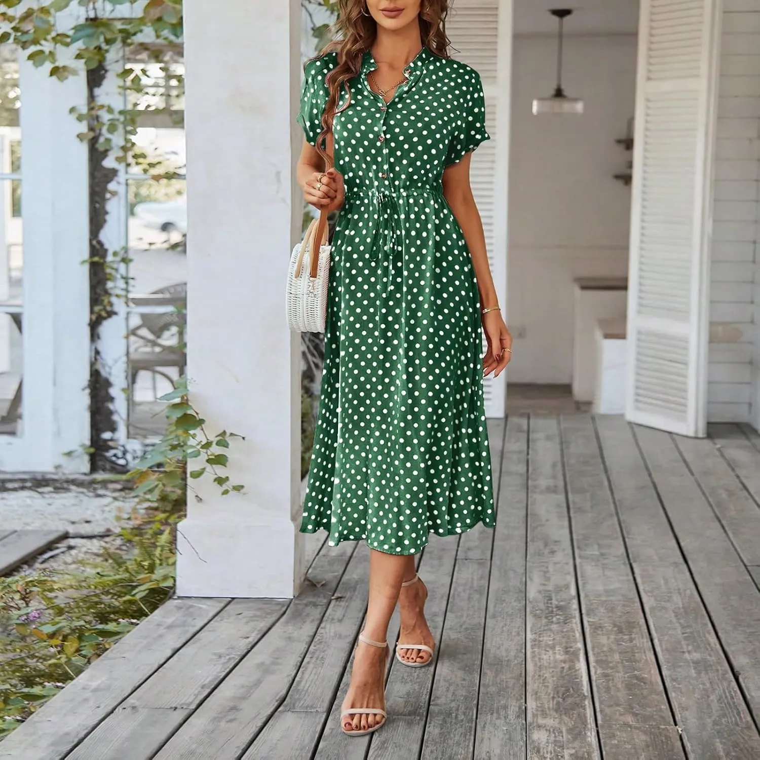Summer Dresses for Women Trendy Short Sleeve Ruched Tie Waist Dress V Neck Polka Dot Button Down Boho Midi Sundress