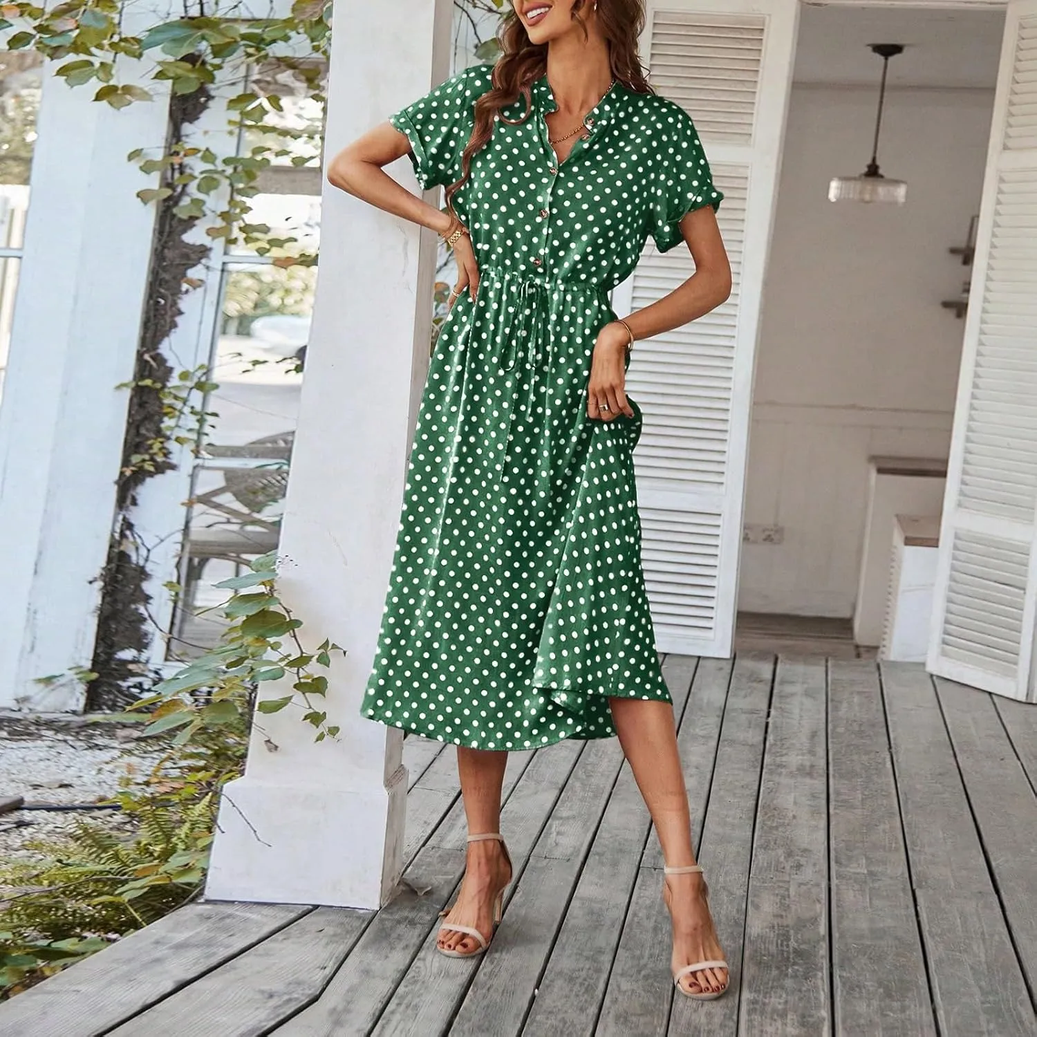 Summer Dresses for Women Trendy Short Sleeve Ruched Tie Waist Dress V Neck Polka Dot Button Down Boho Midi Sundress