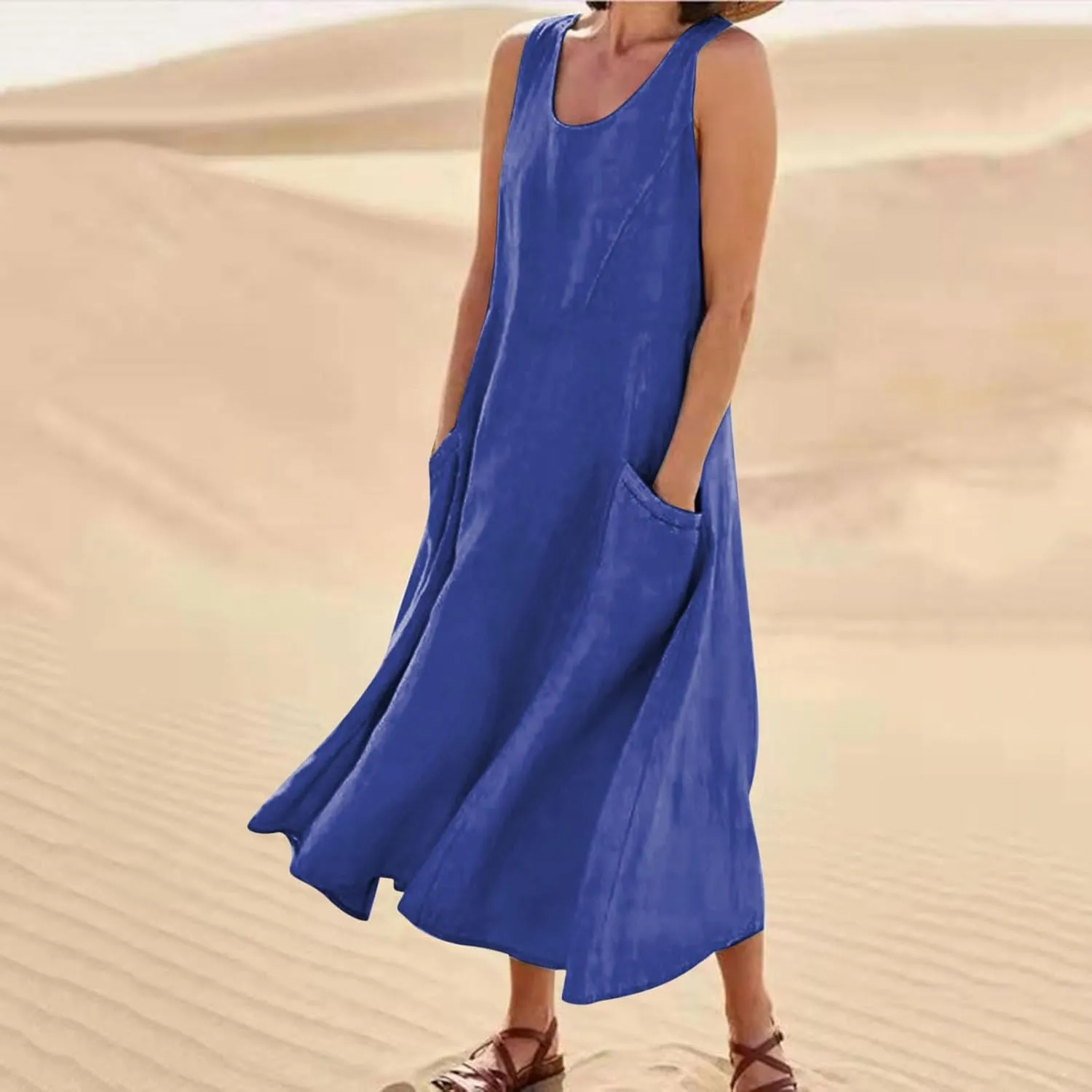 Summer Dresses for Women Trendy Sleeveless Cotton Linen Solid Long Dress Casual Loose Crewneck Maxi Dress with Pocket