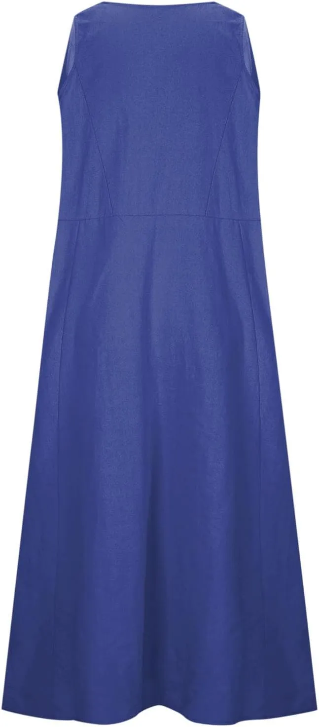 Summer Dresses for Women Trendy Sleeveless Cotton Linen Solid Long Dress Casual Loose Crewneck Maxi Dress with Pocket