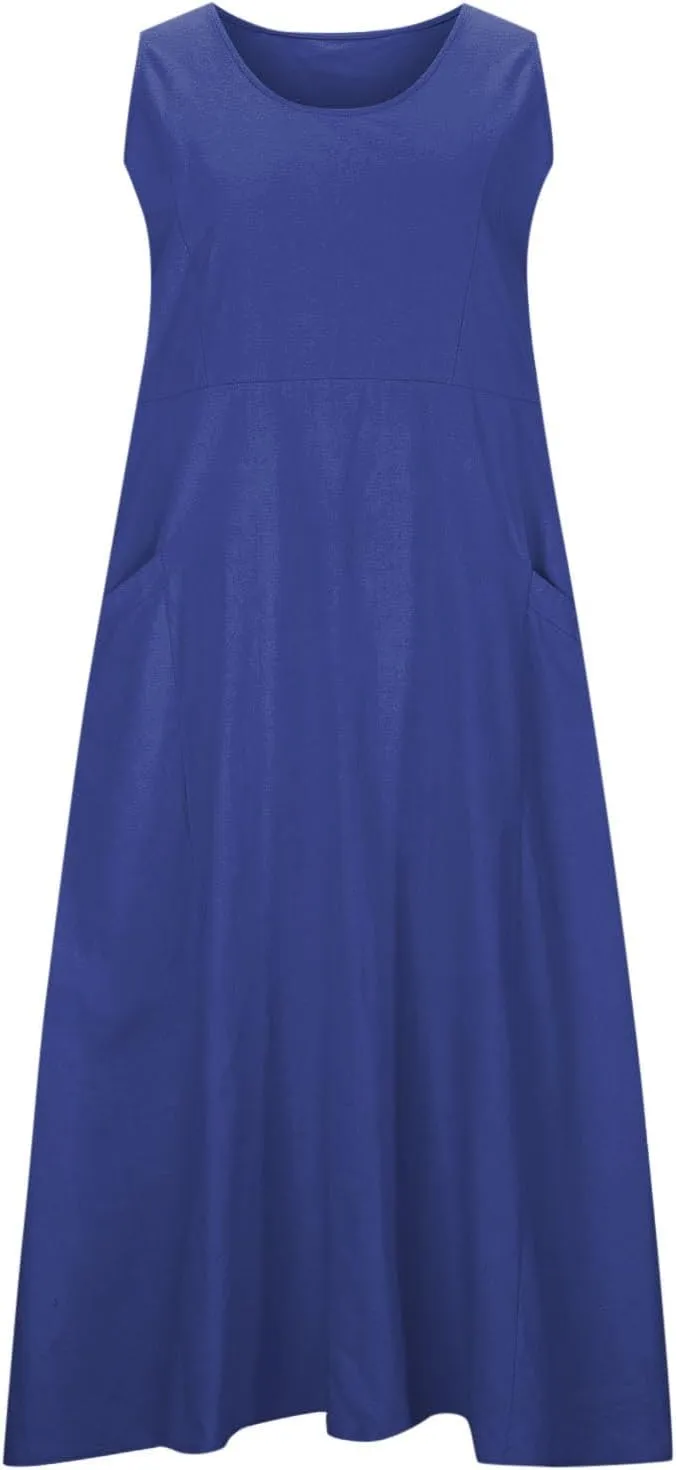 Summer Dresses for Women Trendy Sleeveless Cotton Linen Solid Long Dress Casual Loose Crewneck Maxi Dress with Pocket