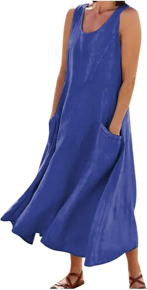 Summer Dresses for Women Trendy Sleeveless Cotton Linen Solid Long Dress Casual Loose Crewneck Maxi Dress with Pocket