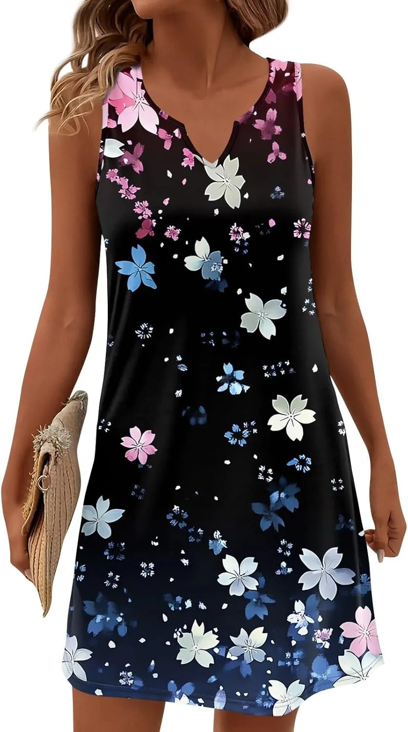 Summer Dresses for Women V-Neck Sleep Dress Casual Beach Tank Dress Sleeveless Sundresses Loose Floral T Shirt Dresses