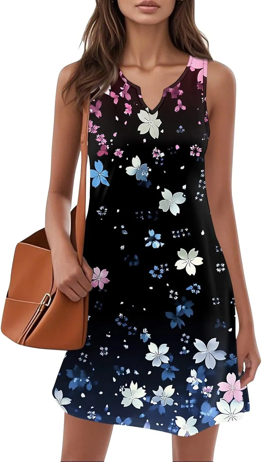 Summer Dresses for Women V-Neck Sleep Dress Casual Beach Tank Dress Sleeveless Sundresses Loose Floral T Shirt Dresses