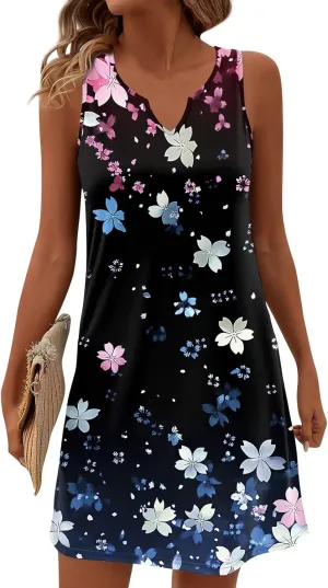 Summer Dresses for Women V-Neck Sleep Dress Casual Beach Tank Dress Sleeveless Sundresses Loose Floral T Shirt Dresses