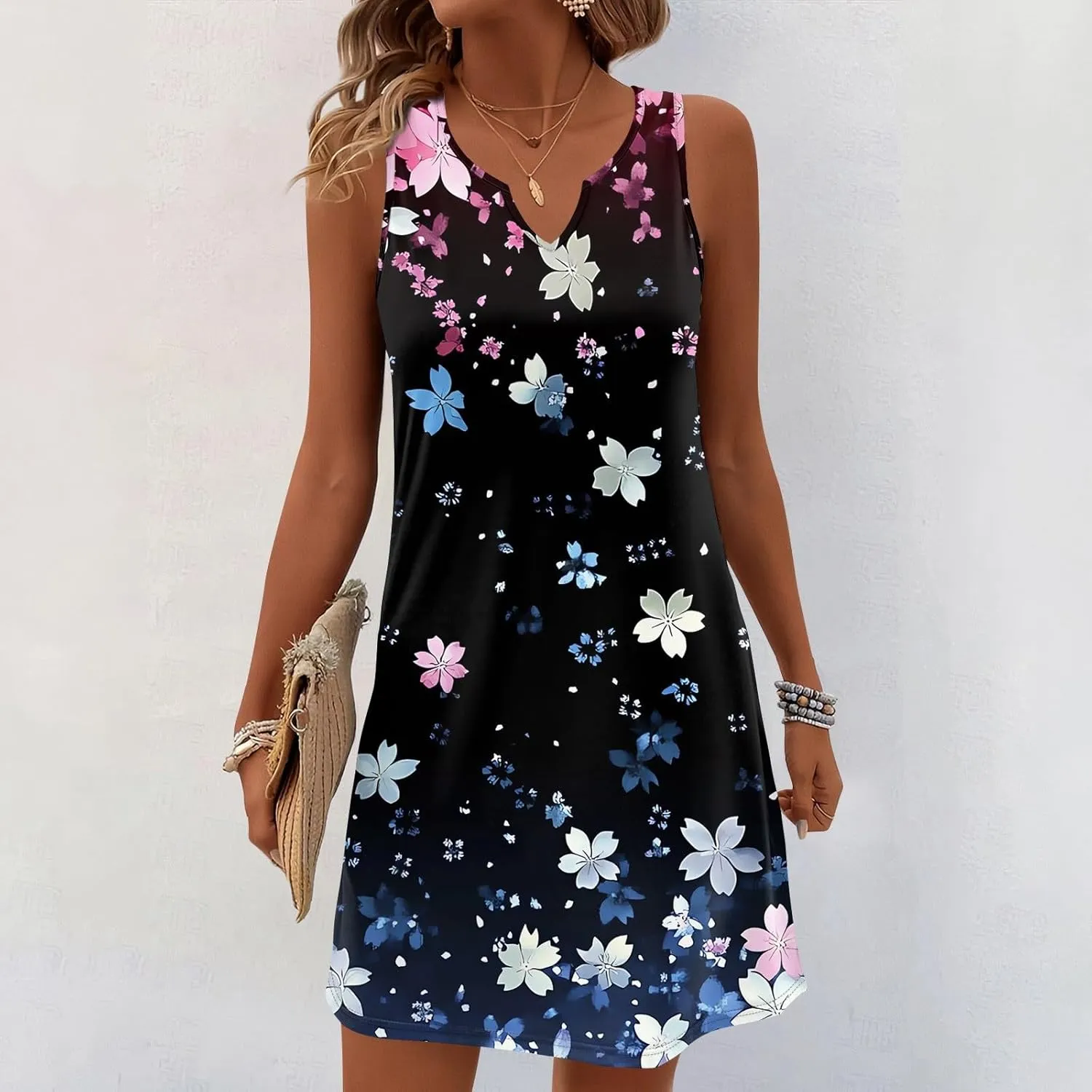 Summer Dresses for Women V-Neck Sleep Dress Casual Beach Tank Dress Sleeveless Sundresses Loose Floral T Shirt Dresses