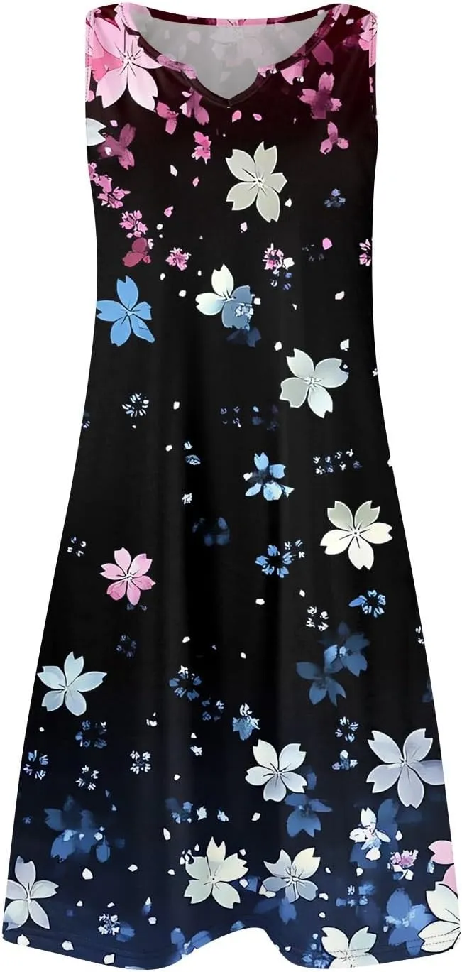 Summer Dresses for Women V-Neck Sleep Dress Casual Beach Tank Dress Sleeveless Sundresses Loose Floral T Shirt Dresses