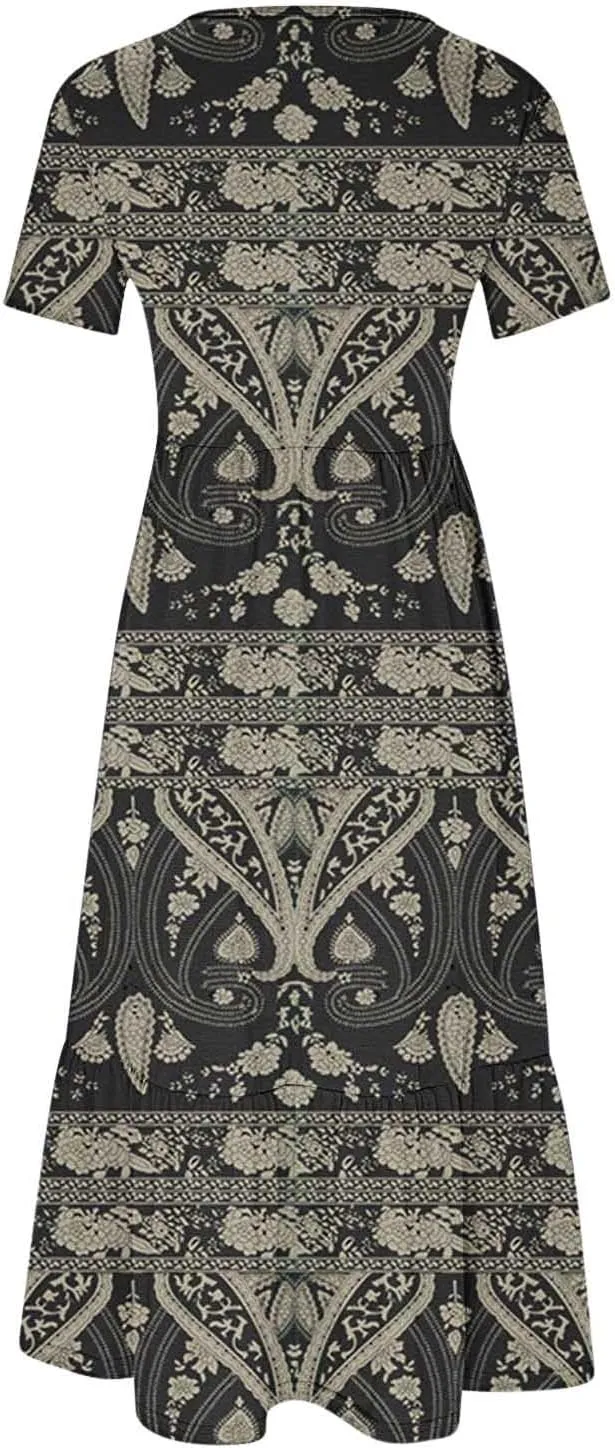 Summer Dresses Women 2024 Casual Short Sleeve Boho Flowy Sundress Crewneck Floral Tiered Maxi Dress with Pockets