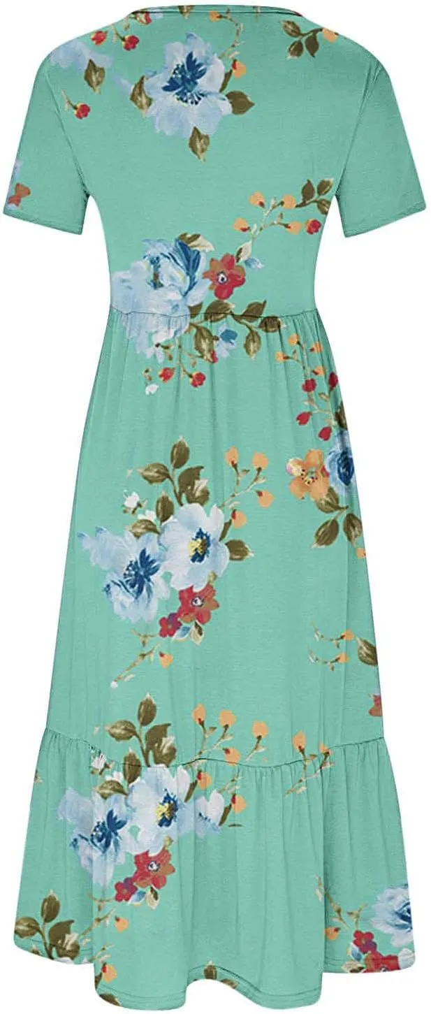 Summer Dresses Women 2024 Casual Short Sleeve Boho Flowy Sundress Crewneck Floral Tiered Maxi Dress with Pockets