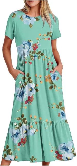 Summer Dresses Women 2024 Casual Short Sleeve Boho Flowy Sundress Crewneck Floral Tiered Maxi Dress with Pockets