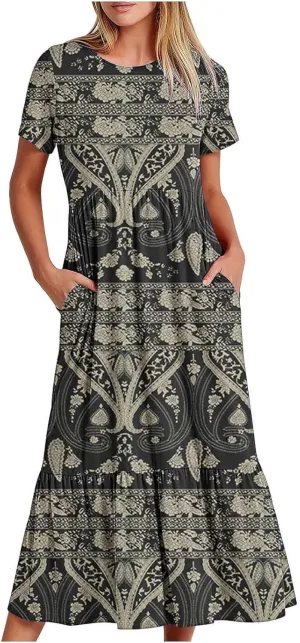 Summer Dresses Women 2024 Casual Short Sleeve Boho Flowy Sundress Crewneck Floral Tiered Maxi Dress with Pockets
