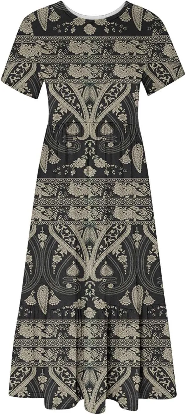 Summer Dresses Women 2024 Casual Short Sleeve Boho Flowy Sundress Crewneck Floral Tiered Maxi Dress with Pockets