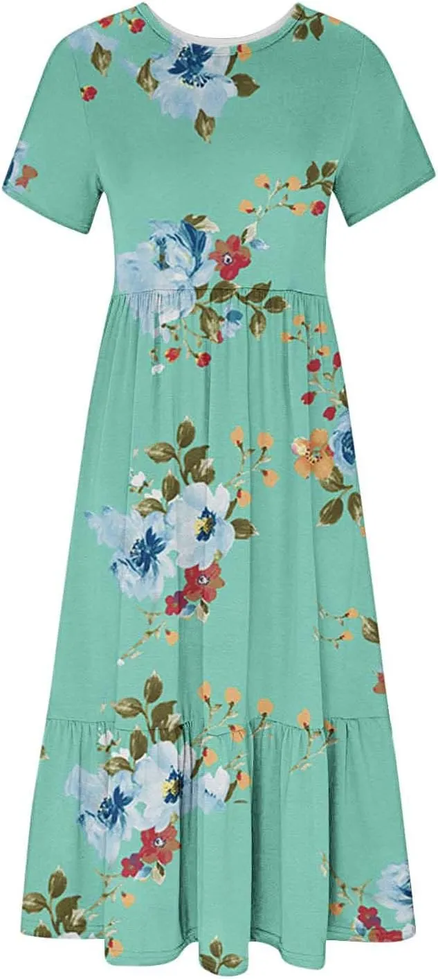 Summer Dresses Women 2024 Casual Short Sleeve Boho Flowy Sundress Crewneck Floral Tiered Maxi Dress with Pockets