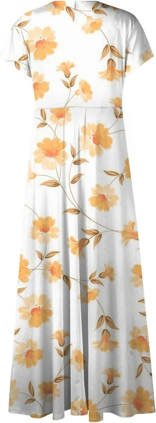 Summer Dresses Women Short Sleeve Maxi Dress Summer Fitted Tight Vintage Floral Print