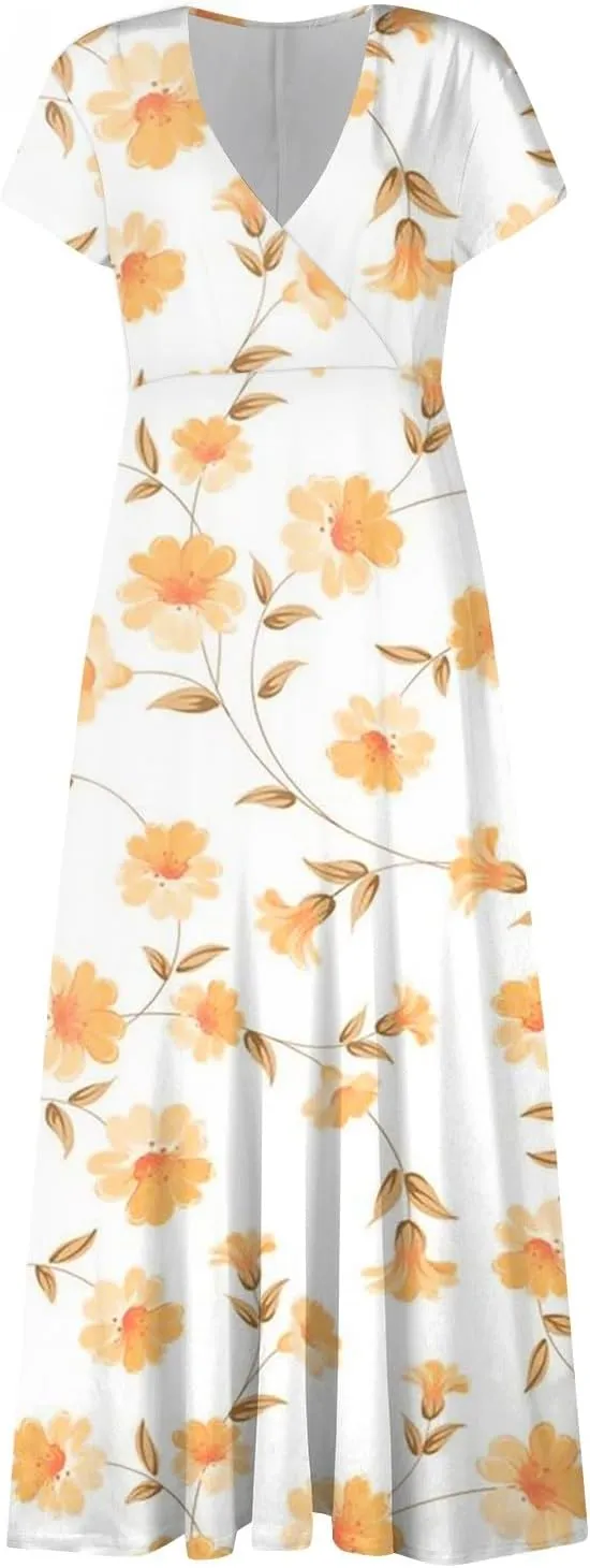 Summer Dresses Women Short Sleeve Maxi Dress Summer Fitted Tight Vintage Floral Print