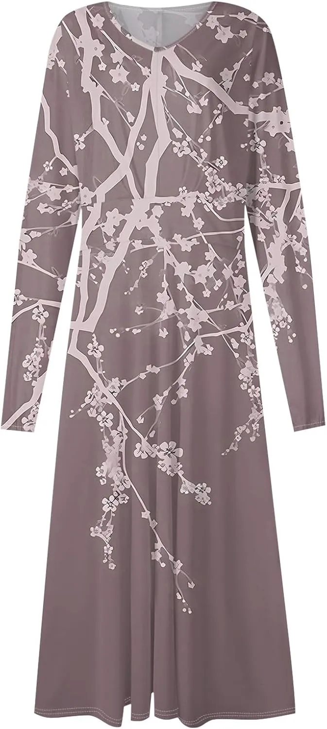 Summer Fall Long Sleeve Midi Dresses for Women Casual Ruched Flowy Trendy Smocked Elegant Formal Floral A Line Dress