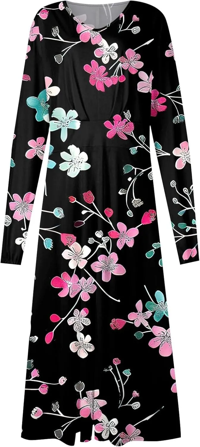 Summer Fall Long Sleeve Midi Dresses for Women Casual Ruched Flowy Trendy Smocked Elegant Formal Floral A Line Dress