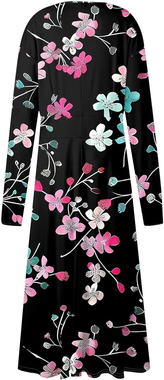 Summer Fall Long Sleeve Midi Dresses for Women Casual Ruched Flowy Trendy Smocked Elegant Formal Floral A Line Dress