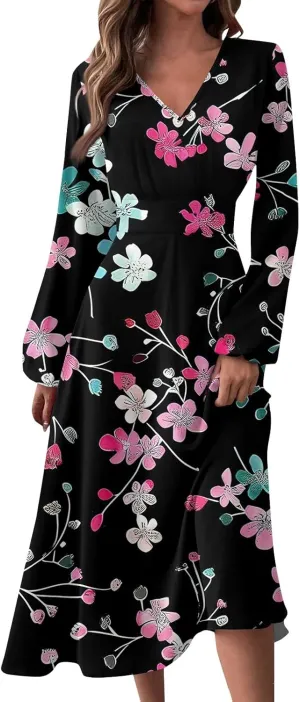 Summer Fall Long Sleeve Midi Dresses for Women Casual Ruched Flowy Trendy Smocked Elegant Formal Floral A Line Dress