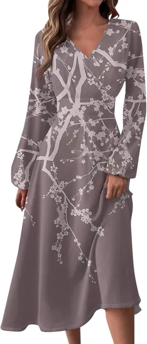 Summer Fall Long Sleeve Midi Dresses for Women Casual Ruched Flowy Trendy Smocked Elegant Formal Floral A Line Dress