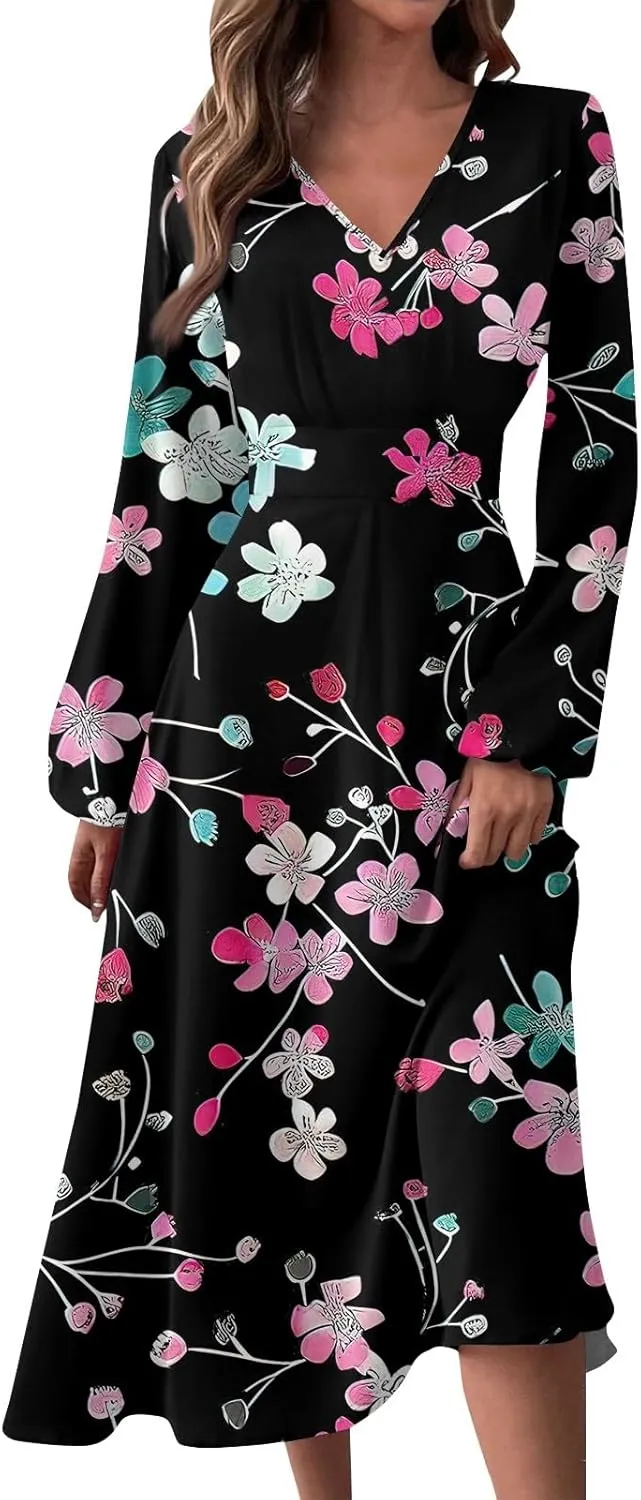 Summer Fall Long Sleeve Midi Dresses for Women Casual Ruched Flowy Trendy Smocked Elegant Formal Floral A Line Dress